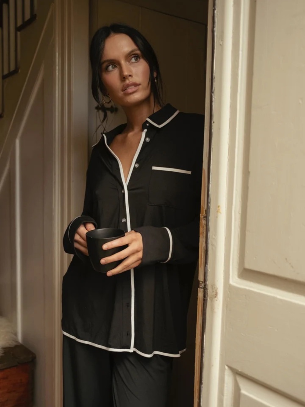WeWoreWhat Black Pajama Set White Contrast Trim
